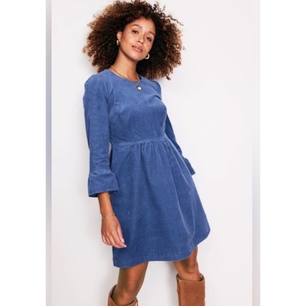 Boden Ora Short Cord Corduroy Dress Blue US 12 R.  Bell Sleeve.  New With Tags